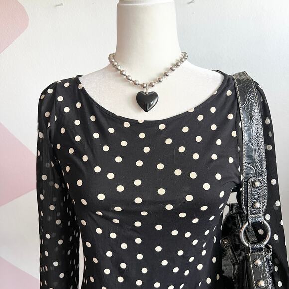 Black Polka Dot Long Sleeve Top Size XS Sheer Blouse Retro Classic Chic - Picture 2 of 7
